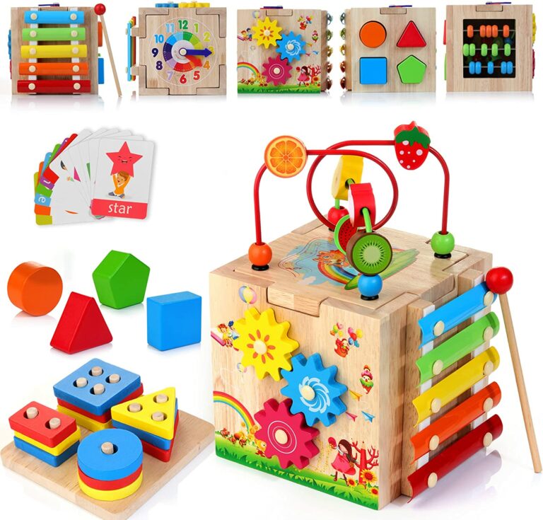 wooden activity cube for baby girls
